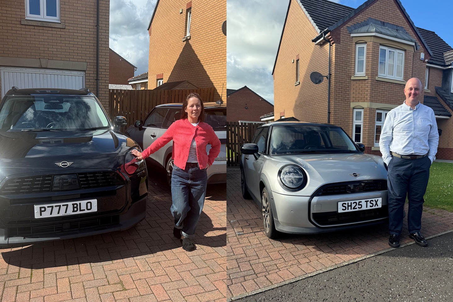 Couple standing next to a classic MINI parked outside their home